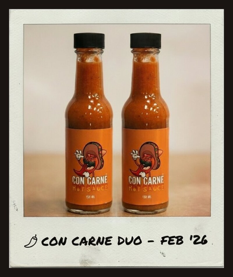 Polaroid of the Con Carne Hot Sauce twin pack - two 150ml bottles, captioned 'Con Carne Duo, Feb 26'